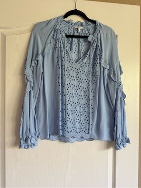 Reiss Light Blue Eyelet V-Neck Blouse